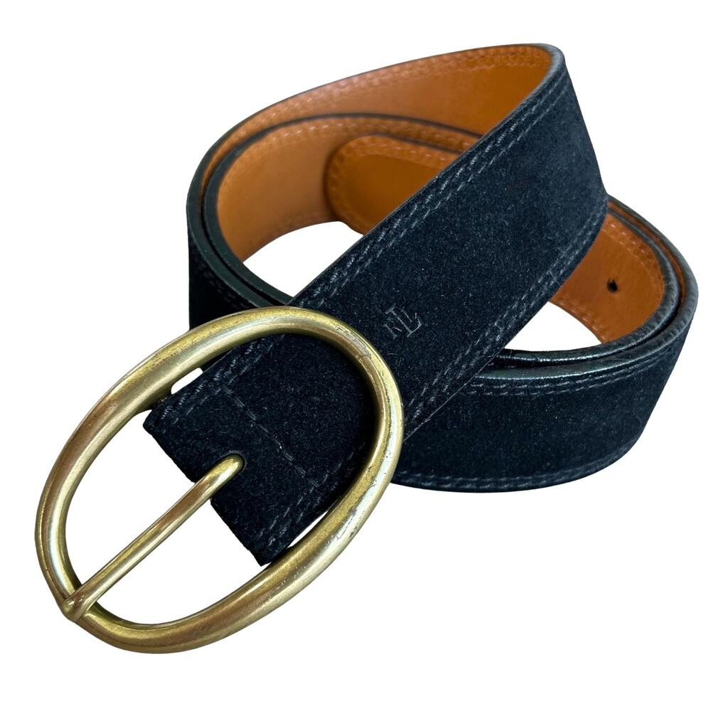 Lauren Ralph Lauren Wide Black Suede Belt Oval Solid Brass Buckle Old Money M